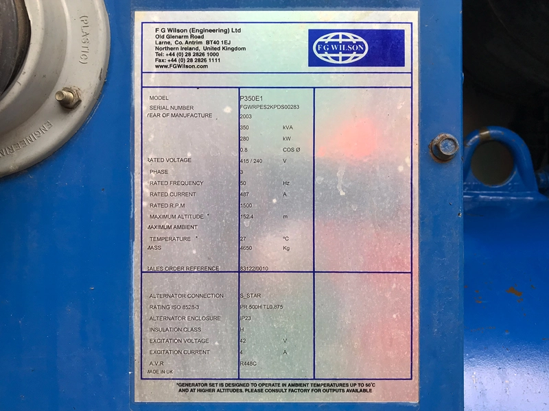 Used FG Wilson Perkins 350kVA Diesel Generator