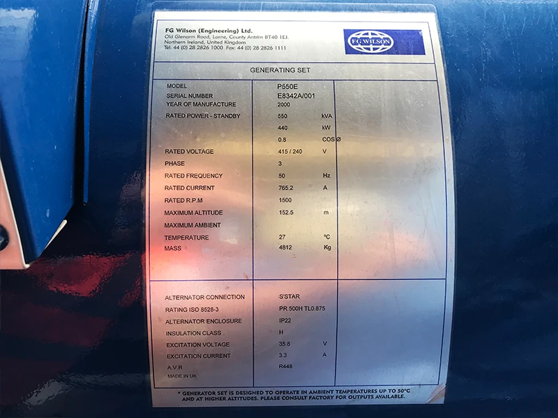 Used FG Wilson Perkins 550kVA Diesel Generator