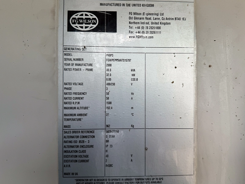 FG Wilson P40P3 Perkins 44 kVA Diesel Generator for Sale UK