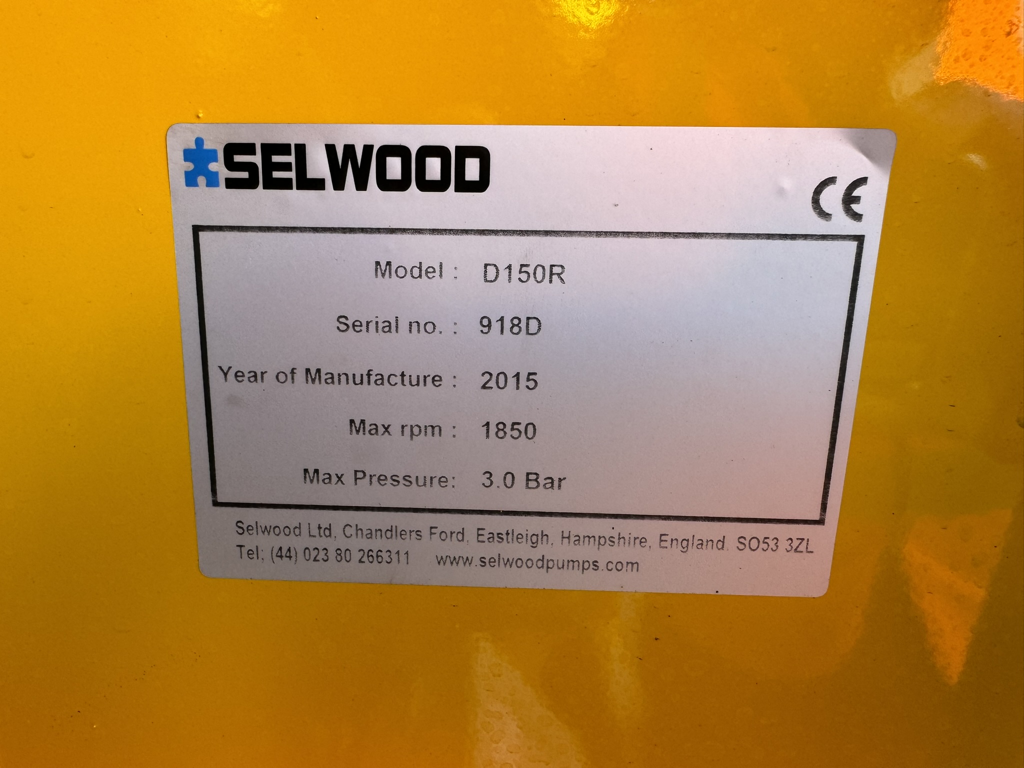 Used Selwood D150R Contractor Pump -ID plate